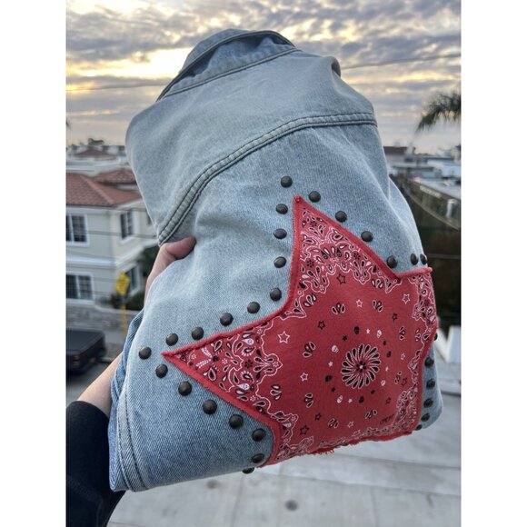 LAUREN MOSHI oversized peace love bandana stars studded jean jacket L designer - Picture 3 of 9